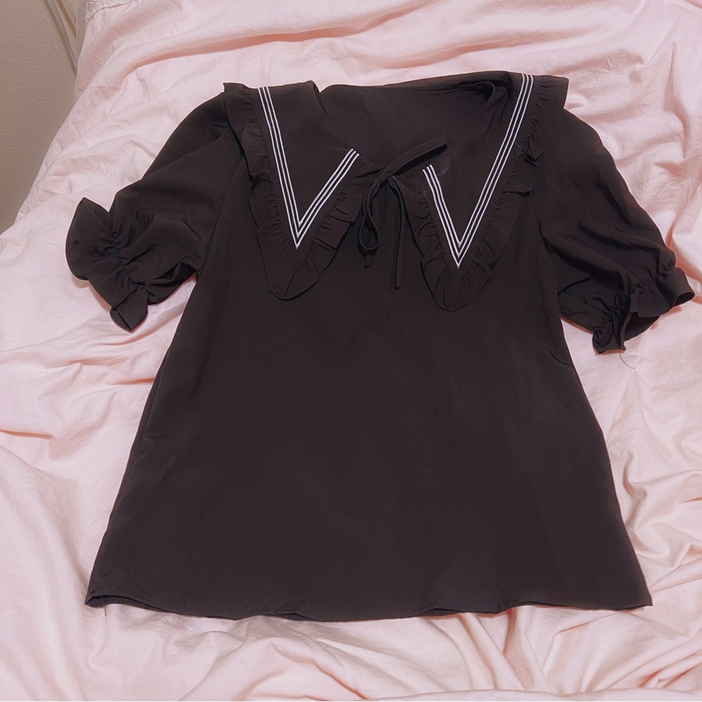 Harajuku Fashion Jiraikei Sailor Ruffled Black Short Sleeve Blouse